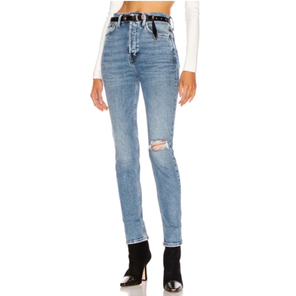 RE/DONE Ultra High Rise Jeans Worn Retro Stone Distressed Straight Leg Denim 23